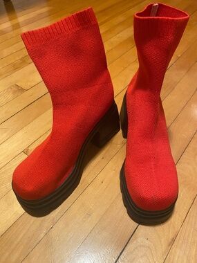 Bright Red Sock Boot Platform / Size 42 / 10 US